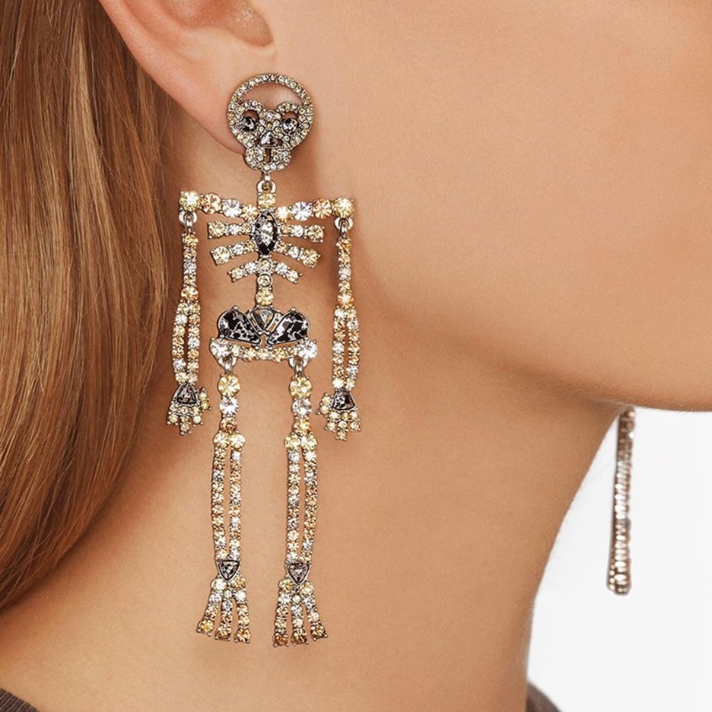 Rhinestone Skeleton Silver Long Halloween Earrings